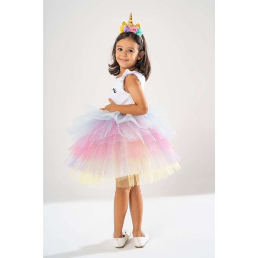 Girl White Birthday Dress And Party Costume With Crown Gift