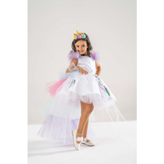 Girl White Birthday Dress And Party Costume With Crown Gift