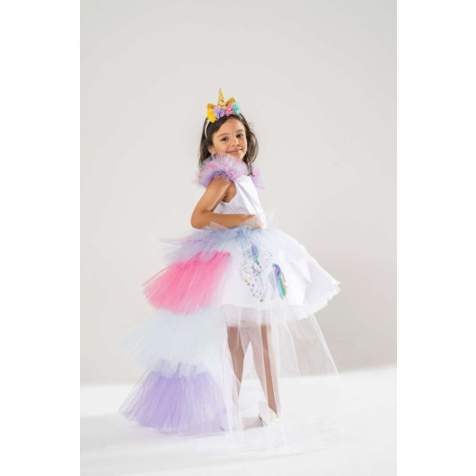 Girl White Birthday Dress And Party Costume With Crown Gift