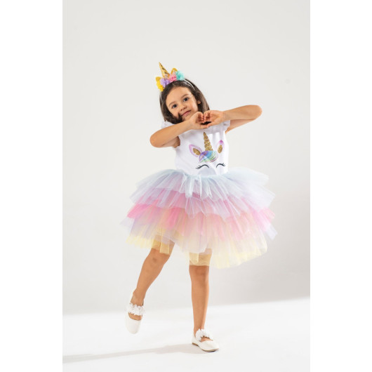 Girl White Birthday Dress And Party Costume With Crown Gift