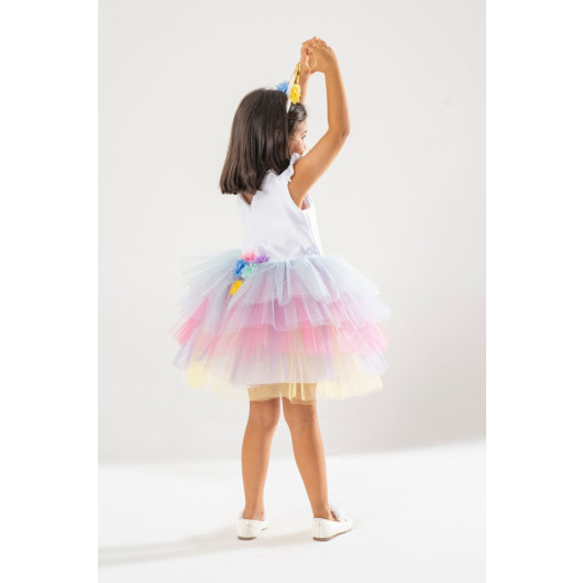 Girl White Birthday Dress And Party Costume With Crown Gift