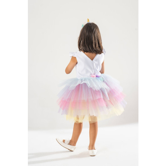 Girl White Birthday Dress And Party Costume With Crown Gift