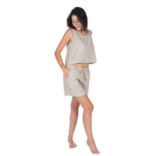 Loungewear Blouse Shorts Set Cotton Crepe Muslin Casual Wear Beige L,Xl