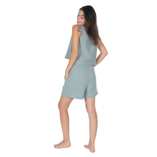 Blouse Shorts Set Cotton Crepe Muslin Casual Wear Mint S, M Women