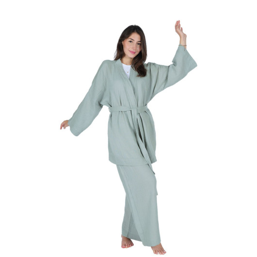 Kimono Pants Set Cotton Crepe Muslin Casual Wear Mint L,Xl