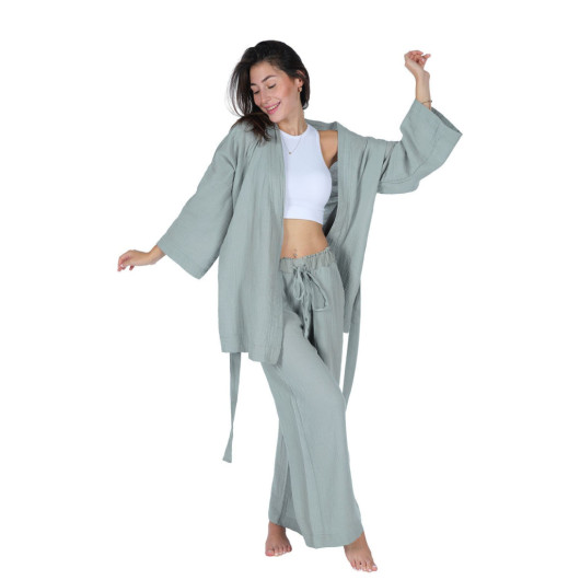 Kimono Pants Set Cotton Crepe Muslin Casual Wear Mint L,Xl