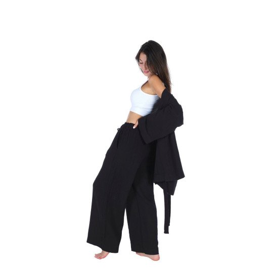 Loungewear Kimono Pants Set Cotton Crepe Muslin Black L,Xl