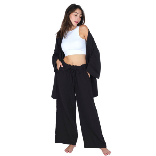 Loungewear Kimono Pants Set Cotton Crepe Muslin Black L,Xl