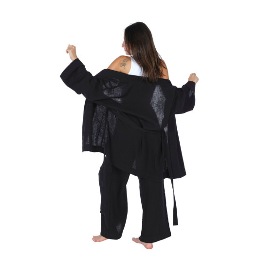 Loungewear Kimono Pants Set Cotton Crepe Muslin Black L,Xl