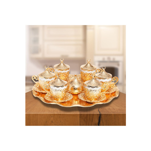 6 Person Porcelain Coffee Cup Set Gold Color Poppy Model