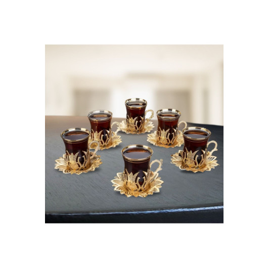 Tea Set Quality 6 Piece Metal Embroidered Glass Tea Glasses And Trays Set