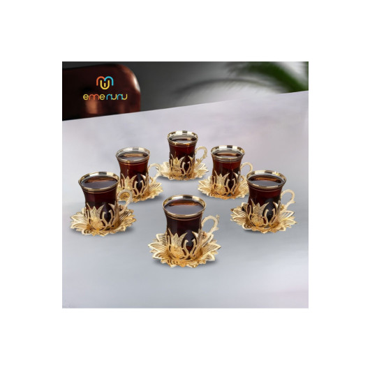 Tea Set Quality 6 Piece Metal Embroidered Glass Tea Glasses And Trays Set