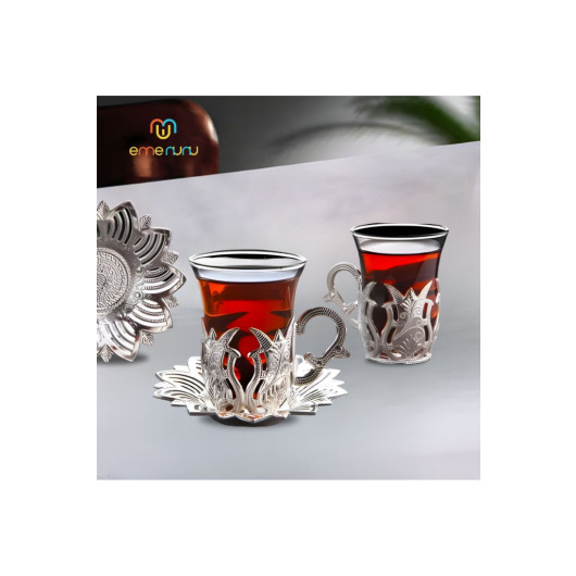 Tea Set Quality 6 Piece Metal Engraved Glass Tea Cup Set