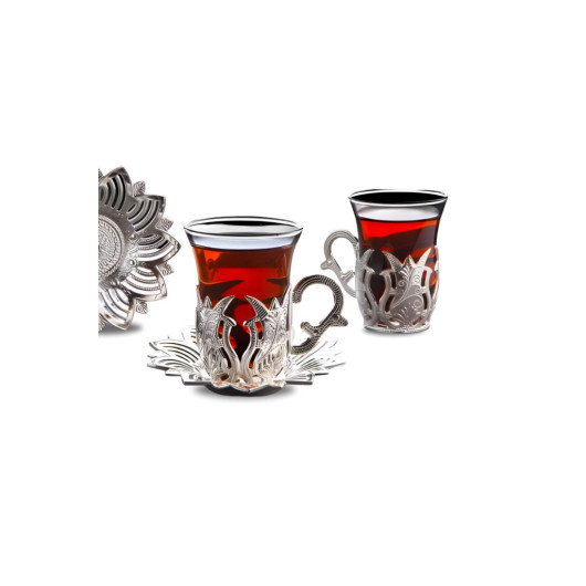 Tea Set Quality 6 Piece Metal Engraved Glass Tea Cup Set