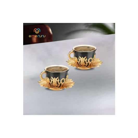 Double Coffee Set 2 Person Metal Engraved Porcelain Cup Set