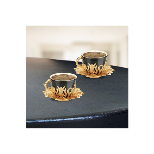 Double Coffee Set 2 Person Metal Engraved Porcelain Cup Set