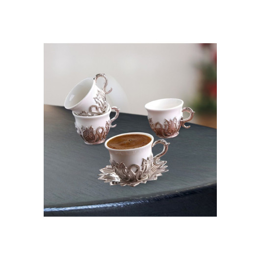 Ahsen Tiryaki Coffee Set Metal Engraved Porcelain Cup Set