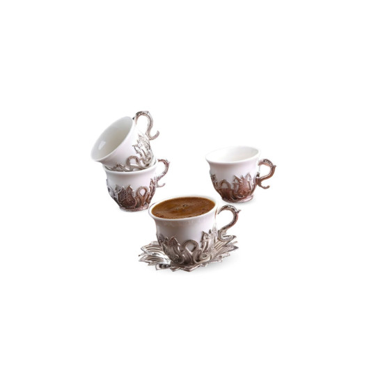 Ahsen Tiryaki Coffee Set Metal Engraved Porcelain Cup Set