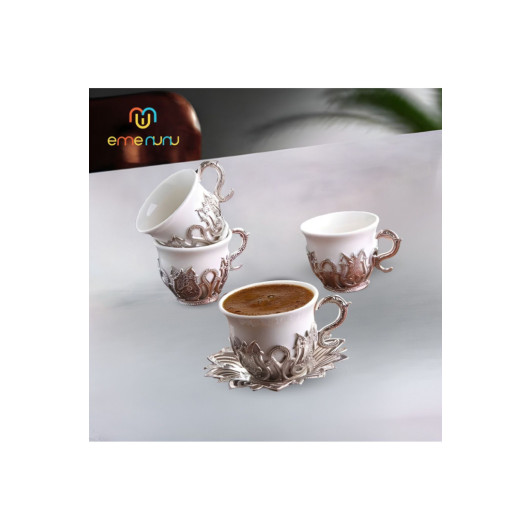 Ahsen Tiryaki Coffee Set Metal Engraved Porcelain Cup Set