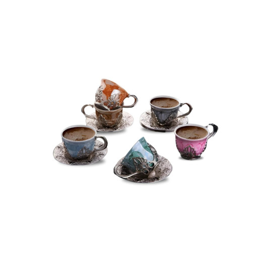 Coffee Set 6 Person Metal Engraved Porcelain Cup Set