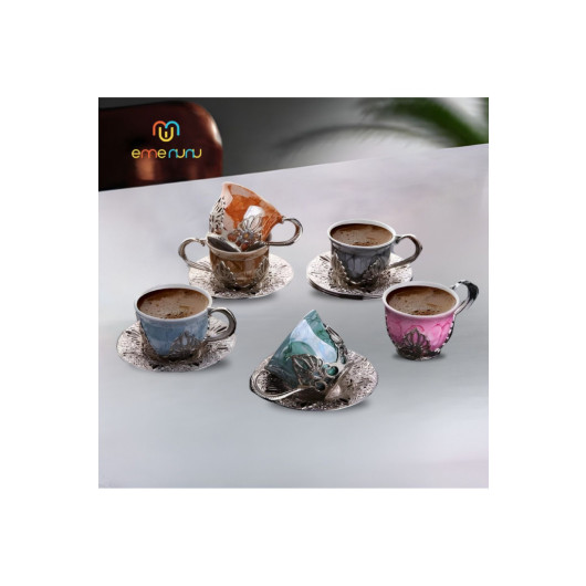 Coffee Set 6 Person Metal Engraved Porcelain Cup Set