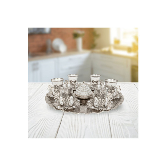 Six Piece Stone Ottoman Tea Set With Tray And Sugar Bowl And Glass Cup