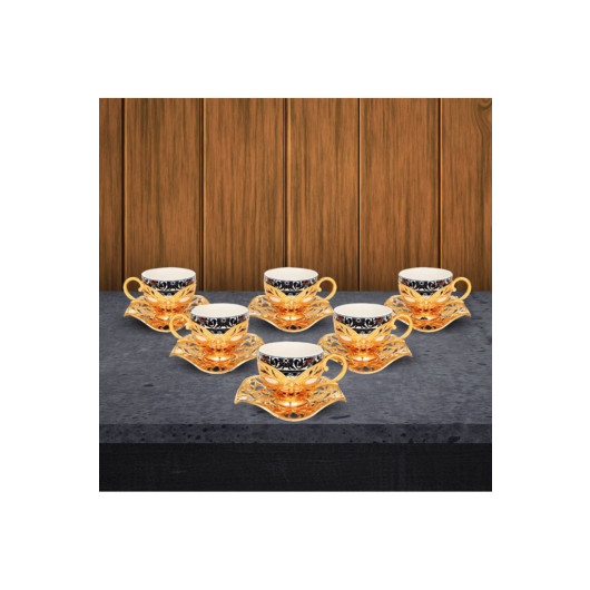 Six Piece Porcelain Coffee Cup Set Metal Engraved Cup Set For 6 People