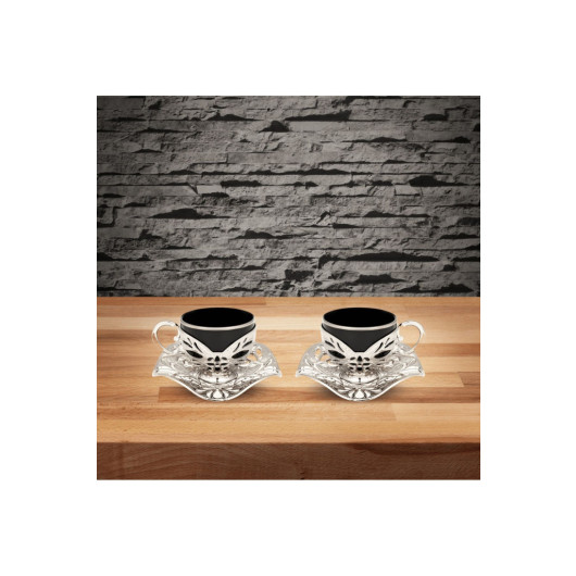 Double Porcelain Coffee Cup Set For 2 Persons Copper Engraved