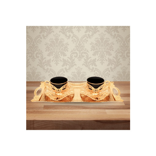 Coffee Cup Set With Tray For Two Copper Engraved Porcelain