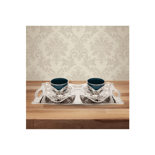 Coffee Cup Set With Tray For Two Copper Engraved Porcelain