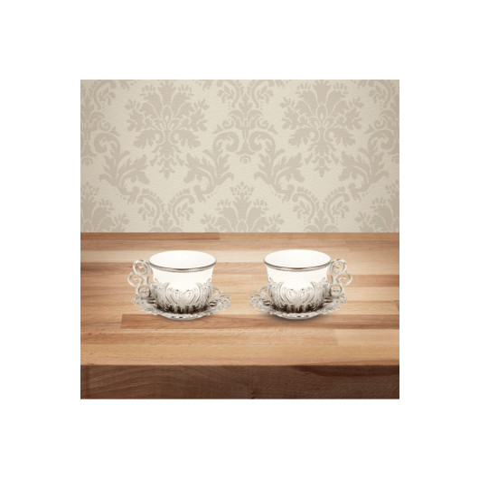 Double Porcelain Coffee Cup Set For 2 Persons With Copper Embroidery