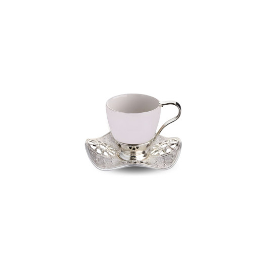 Embroidered Metal Tray And Porcelain Cup Set For 6 People