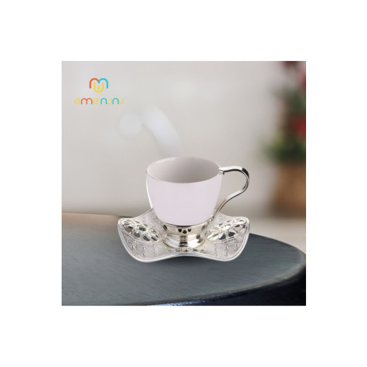 Embroidered Metal Tray And Porcelain Cup Set For 6 People