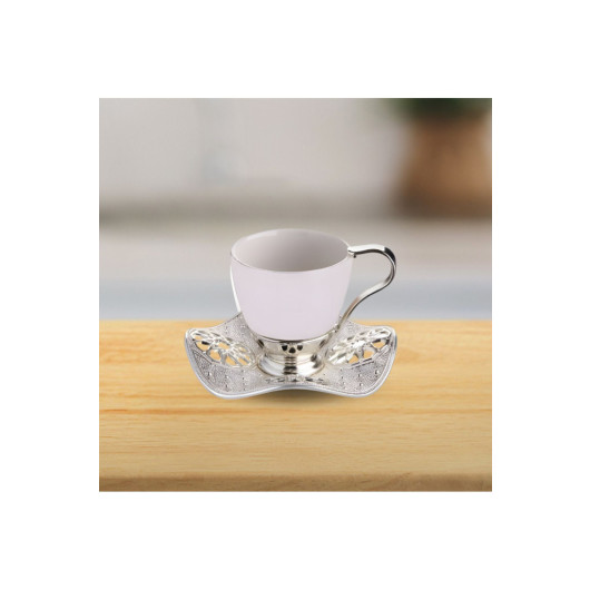 Embroidered Metal Tray And Porcelain Cup Set For 6 People