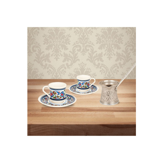 Coffee Pot And Double Porcelain Coffee Cup Set With Tray For 2 Persons