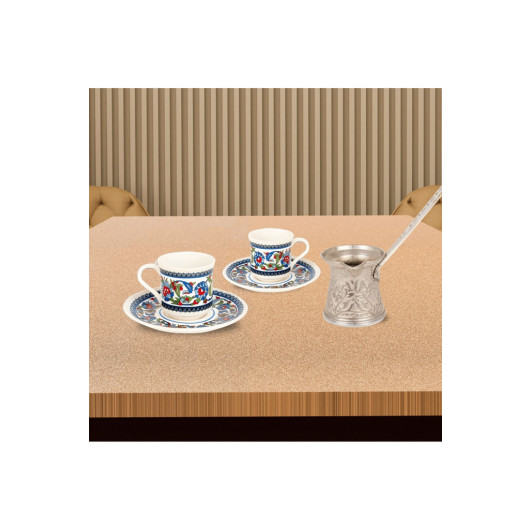 Coffee Pot And Double Porcelain Coffee Cup Set With Tray For 2 Persons