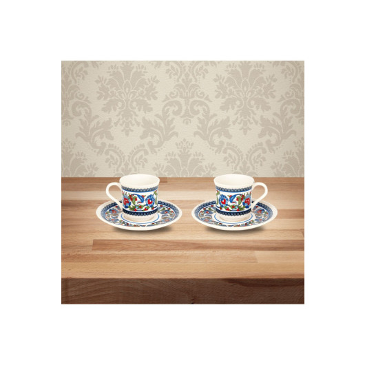 Topkapi Double Porcelain Coffee Cup Set With Tray For 2 Persons