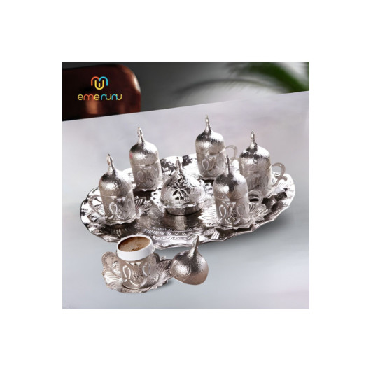 6 Piece Coffee Set With Round Tray And Porcelain Cups With Lids