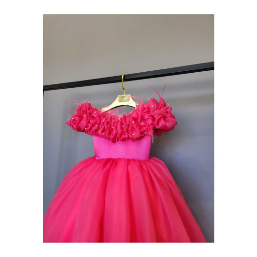 Organza Ruffled Fuchsia Long Dress