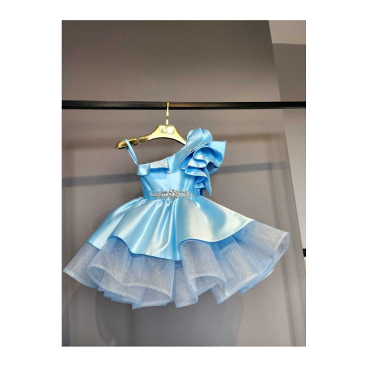 One Shoulder Frilled Waist Accessory Baby Blue Dress