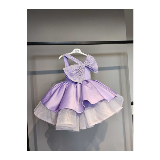 One Shoulder Stone Bow Lilac Dress