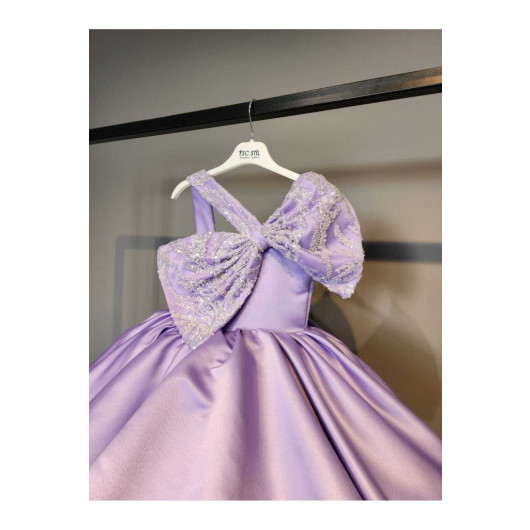 One Shoulder Stone Bow Lilac Dress