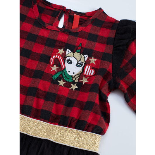 Unicorn Plaid Tulle Christmas Girl Red Dress