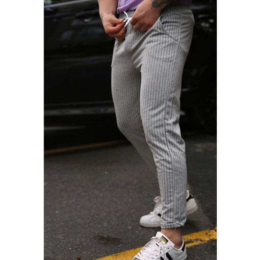 Men Gray Striped Relaxed Fit Tracksuit Bottom Trousers