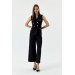 Double Breasted Collar Design Black Women's Jumpsuit