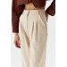 Pleated High Waist Palazzo Beige Women's Trousers