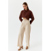 Pleated High Waist Palazzo Beige Women's Trousers