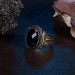 Gold Embroidered Detailed Navy Blue Zircon Stone Faceted Sterling Silver Men's Ring