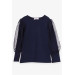 Girl's Blouse Sleeves Navy Blue With Tulle Detail (Ages 3-7)