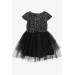 Girls' Black Dress Decorated With Bow, Sequins And Tulle (5-9 Years)